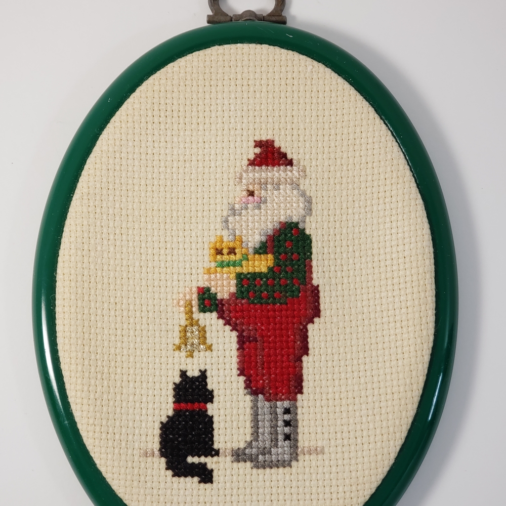 Santa and Black Cat Cross-Stitch Wall Art with Green Frame